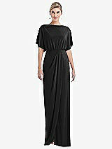 Front View Thumbnail - Black Open-Back Three-Quarter Sleeve Draped Tulip Skirt Maxi Dress