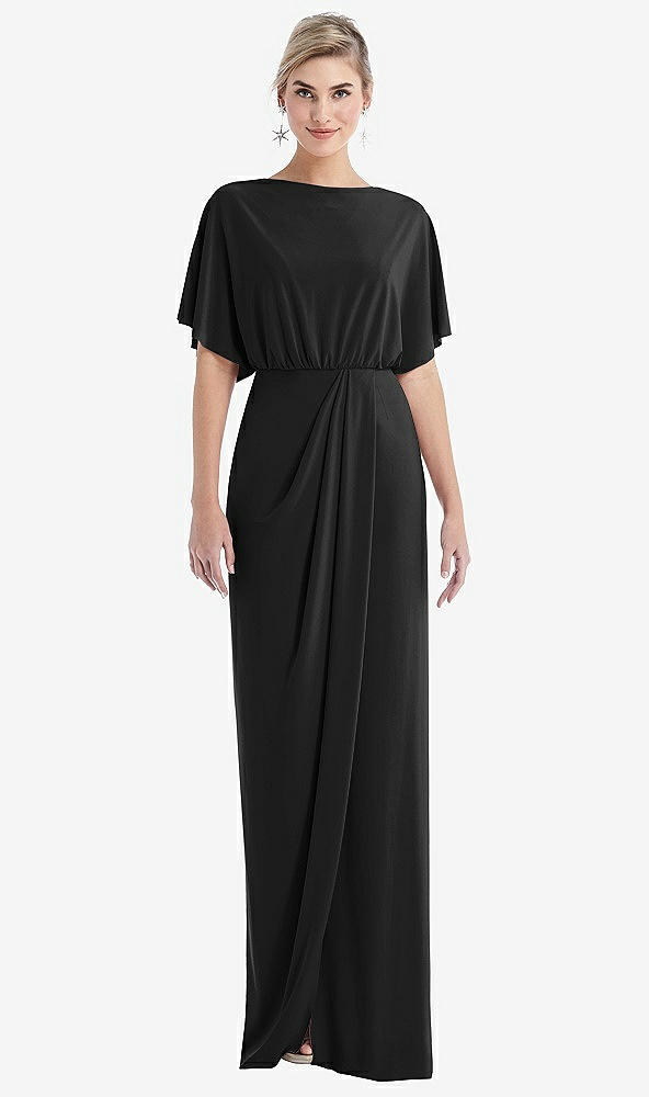 Front View - Black Open-Back Three-Quarter Sleeve Draped Tulip Skirt Maxi Dress