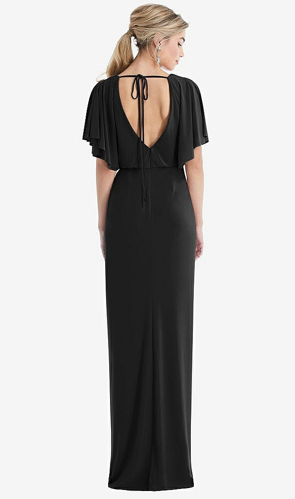 Back View - Black Open-Back Three-Quarter Sleeve Draped Tulip Skirt Maxi Dress