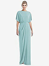 Front View Thumbnail - Canal Blue Open-Back Three-Quarter Sleeve Draped Tulip Skirt Maxi Dress