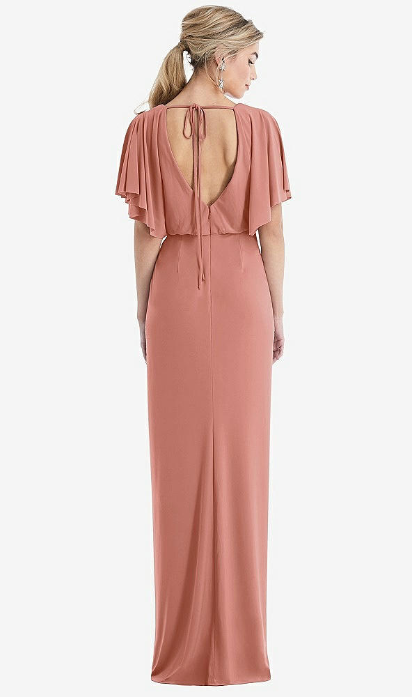 Back View - Desert Rose Open-Back Three-Quarter Sleeve Draped Tulip Skirt Maxi Dress