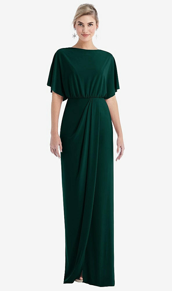 Front View - Evergreen Open-Back Three-Quarter Sleeve Draped Tulip Skirt Maxi Dress