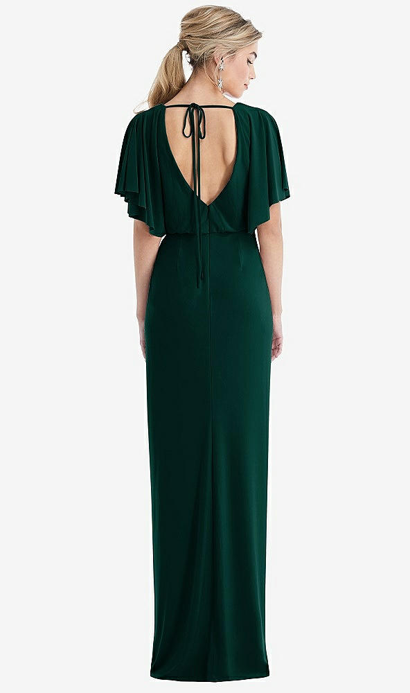 Back View - Evergreen Open-Back Three-Quarter Sleeve Draped Tulip Skirt Maxi Dress