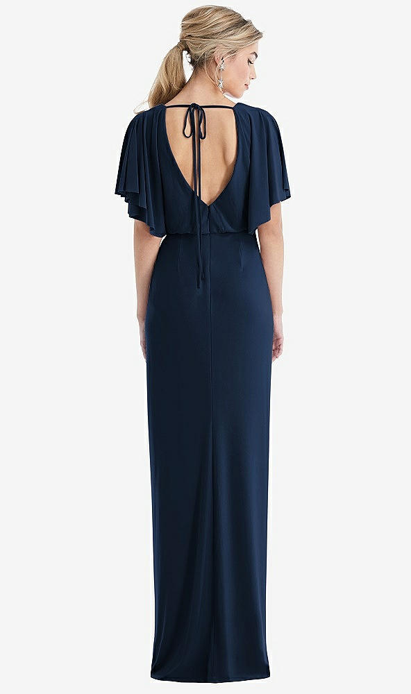 Back View - Midnight Navy Open-Back Three-Quarter Sleeve Draped Tulip Skirt Maxi Dress