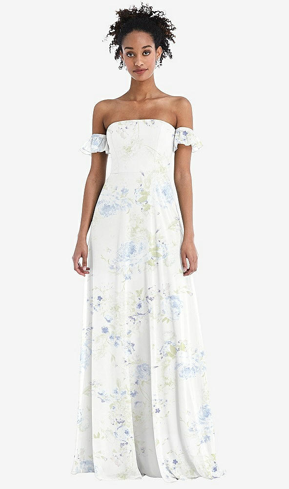 Front View - Bleu Garden Off-the-Shoulder Ruffle Cuff Sleeve Chiffon Maxi Dress