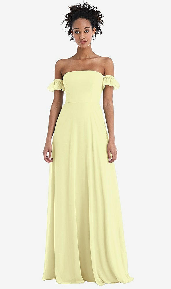 Front View - Butter Yellow Off-the-Shoulder Ruffle Cuff Sleeve Chiffon Maxi Dress