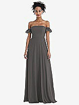 Front View Thumbnail - Caviar Gray Off-the-Shoulder Ruffle Cuff Sleeve Chiffon Maxi Dress