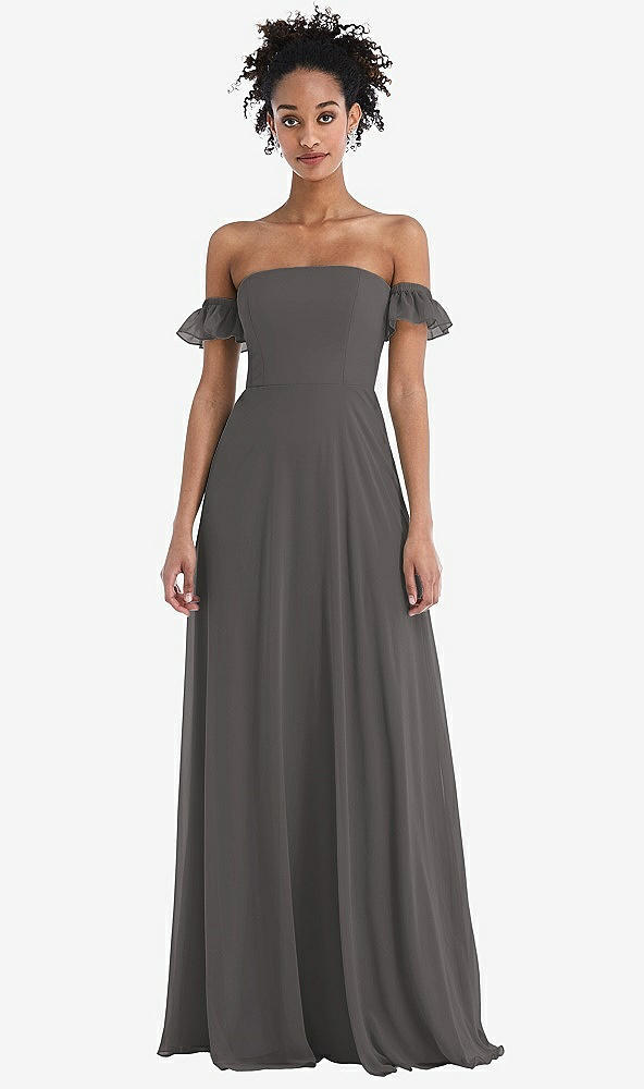 Front View - Caviar Gray Off-the-Shoulder Ruffle Cuff Sleeve Chiffon Maxi Dress