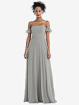 Front View Thumbnail - Chelsea Gray Off-the-Shoulder Ruffle Cuff Sleeve Chiffon Maxi Dress