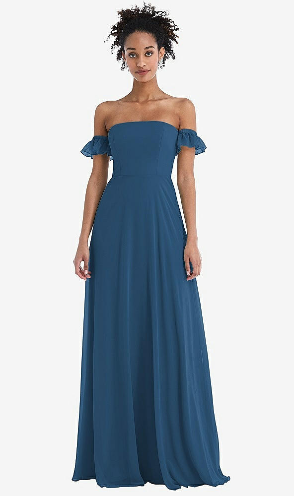 Front View - Dusk Blue Off-the-Shoulder Ruffle Cuff Sleeve Chiffon Maxi Dress