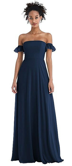 Off-the-Shoulder Ruffle Cuff Sleeve Chiffon Maxi Dress