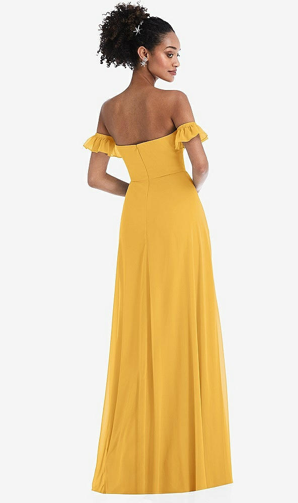 Back View - NYC Yellow Off-the-Shoulder Ruffle Cuff Sleeve Chiffon Maxi Dress