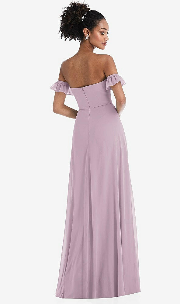 Back View - Suede Rose Off-the-Shoulder Ruffle Cuff Sleeve Chiffon Maxi Dress