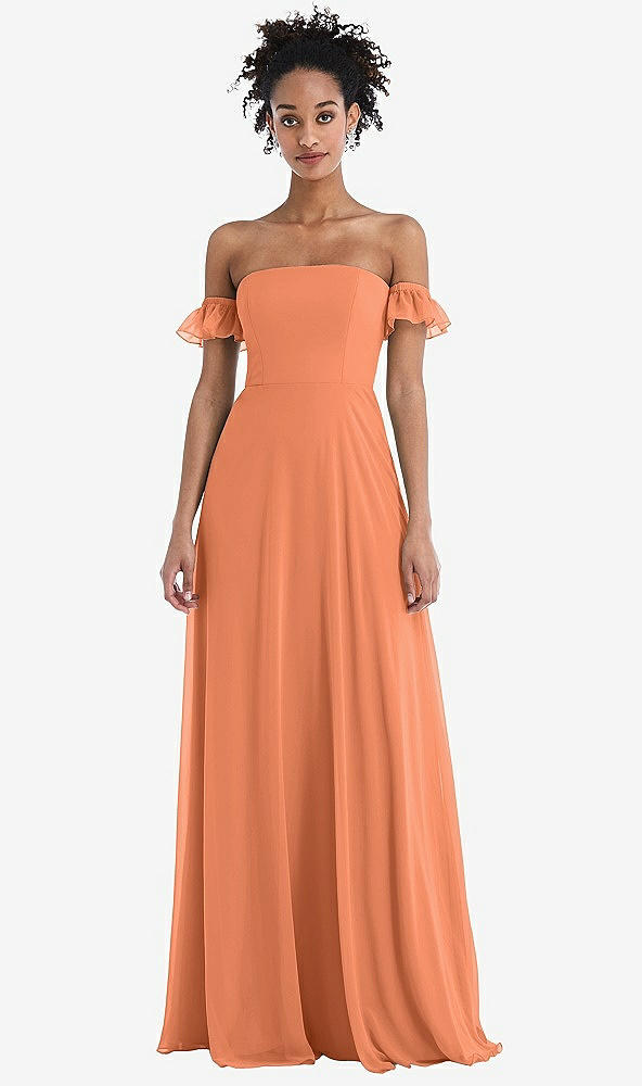 Front View - Sweet Melon Off-the-Shoulder Ruffle Cuff Sleeve Chiffon Maxi Dress