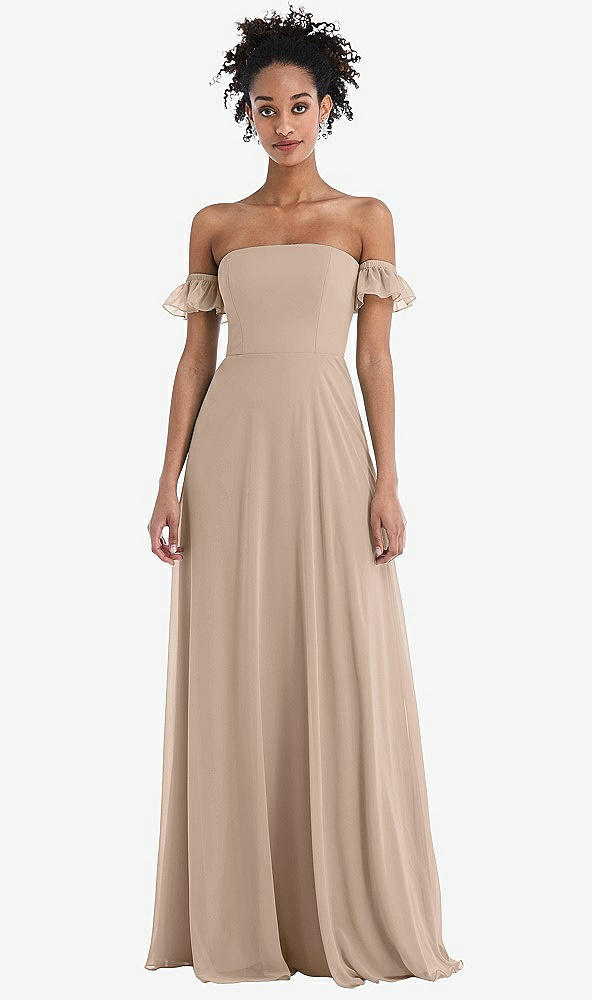 Front View - Topaz Off-the-Shoulder Ruffle Cuff Sleeve Chiffon Maxi Dress