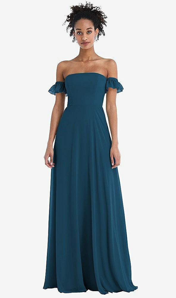 Front View - Atlantic Blue Off-the-Shoulder Ruffle Cuff Sleeve Chiffon Maxi Dress