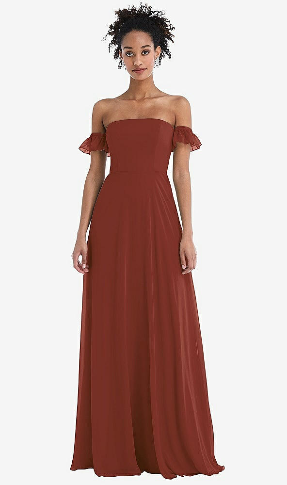 Front View - Auburn Moon Off-the-Shoulder Ruffle Cuff Sleeve Chiffon Maxi Dress