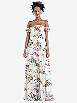 Front View Thumbnail - Butterfly Botanica Ivory Off-the-Shoulder Ruffle Cuff Sleeve Chiffon Maxi Dress