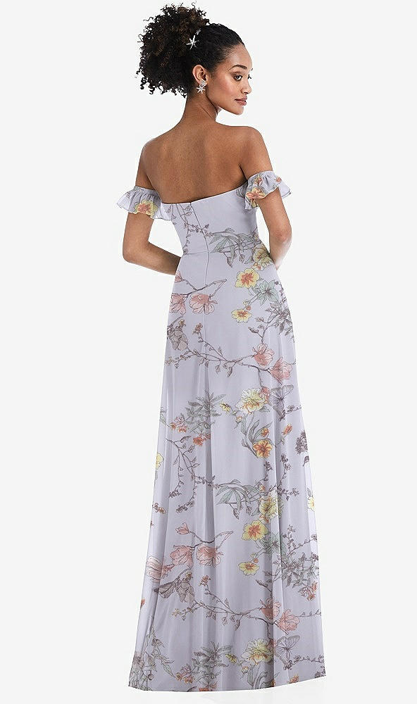 Back View - Butterfly Botanica Silver Dove Off-the-Shoulder Ruffle Cuff Sleeve Chiffon Maxi Dress