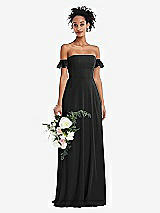 Alt View 1 Thumbnail - Black Off-the-Shoulder Ruffle Cuff Sleeve Chiffon Maxi Dress