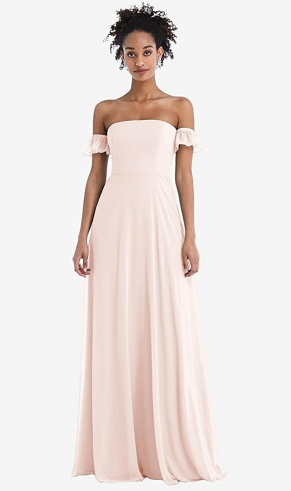 Front View - Blush Off-the-Shoulder Ruffle Cuff Sleeve Chiffon Maxi Dress