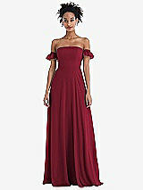 Front View Thumbnail - Burgundy Off-the-Shoulder Ruffle Cuff Sleeve Chiffon Maxi Dress