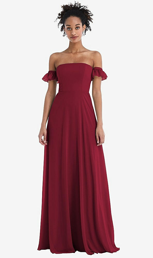 Front View - Burgundy Off-the-Shoulder Ruffle Cuff Sleeve Chiffon Maxi Dress