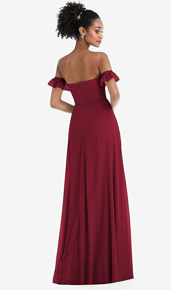 Back View - Burgundy Off-the-Shoulder Ruffle Cuff Sleeve Chiffon Maxi Dress