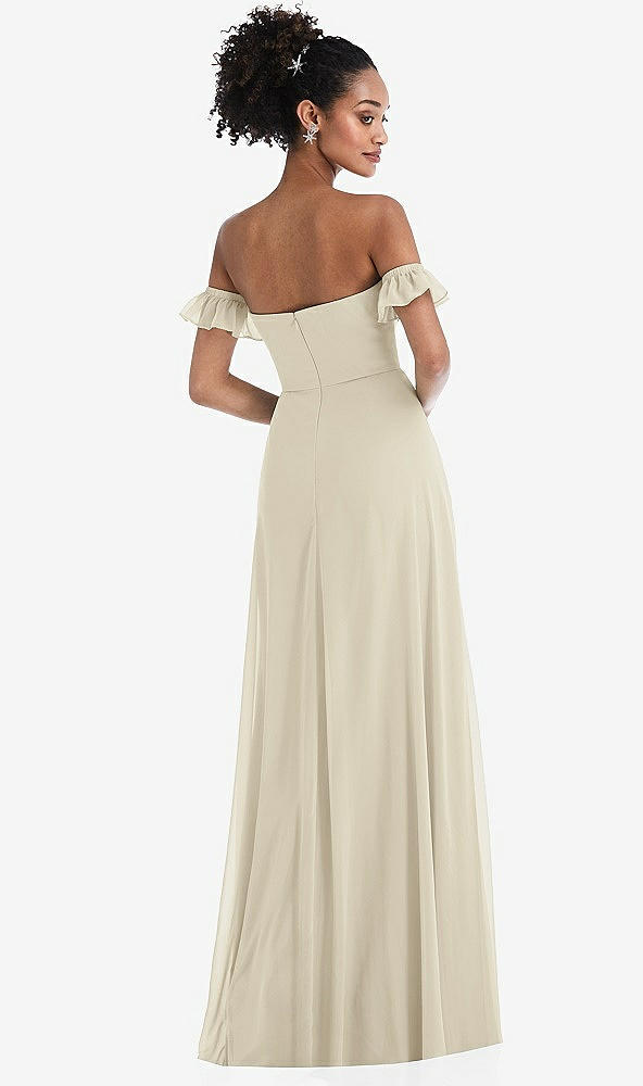 Back View - Champagne Off-the-Shoulder Ruffle Cuff Sleeve Chiffon Maxi Dress