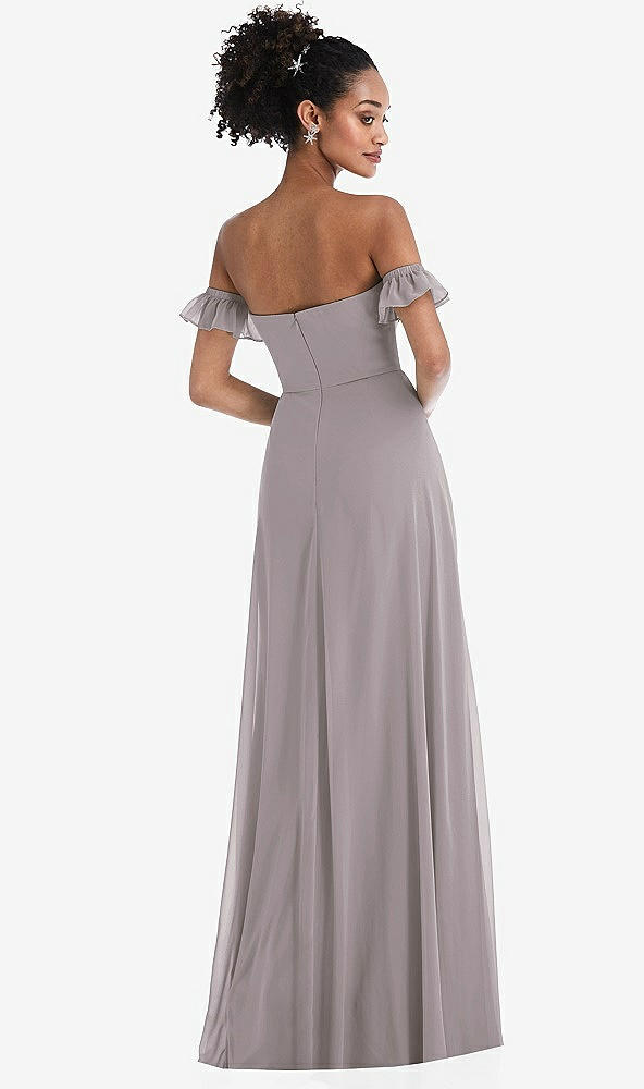 Back View - Cashmere Gray Off-the-Shoulder Ruffle Cuff Sleeve Chiffon Maxi Dress