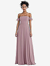 Front View Thumbnail - Dusty Rose Off-the-Shoulder Ruffle Cuff Sleeve Chiffon Maxi Dress