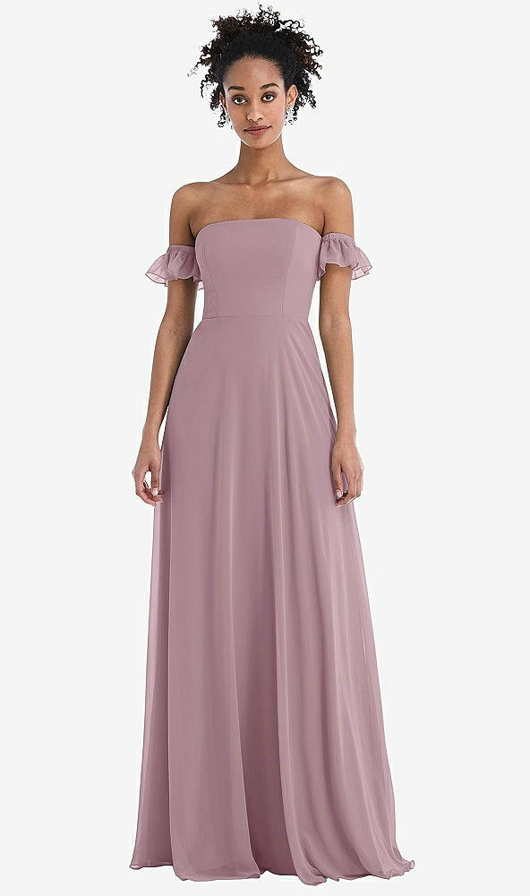 Front View - Dusty Rose Off-the-Shoulder Ruffle Cuff Sleeve Chiffon Maxi Dress