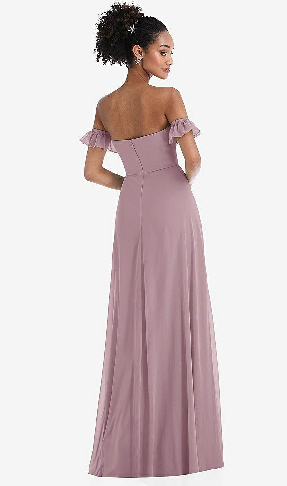 Back View - Dusty Rose Off-the-Shoulder Ruffle Cuff Sleeve Chiffon Maxi Dress