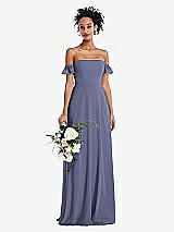 Alt View 1 Thumbnail - French Blue Off-the-Shoulder Ruffle Cuff Sleeve Chiffon Maxi Dress