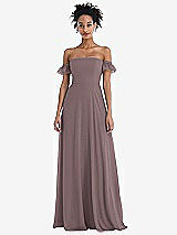 Front View Thumbnail - French Truffle Off-the-Shoulder Ruffle Cuff Sleeve Chiffon Maxi Dress