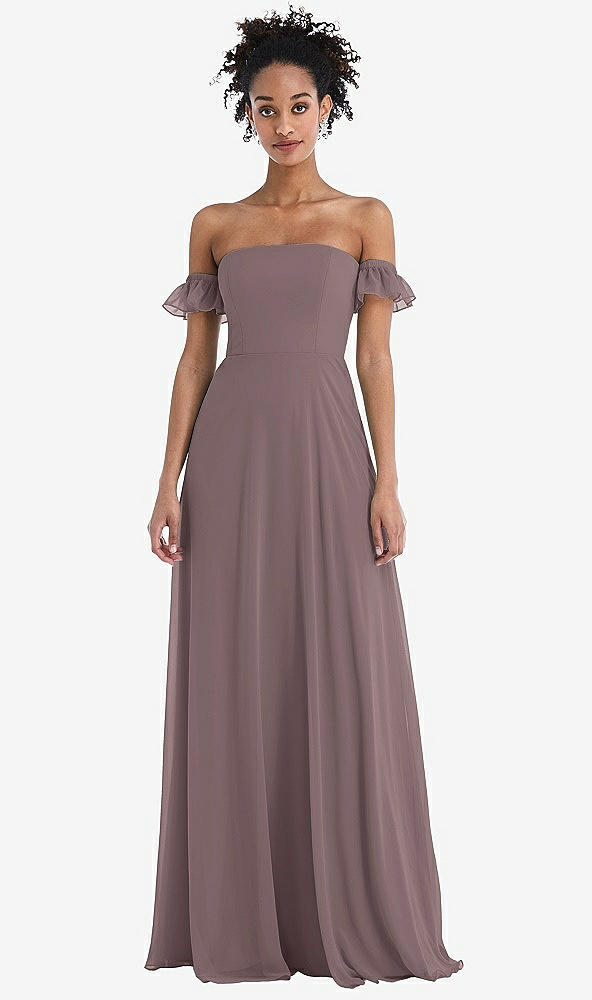 Front View - French Truffle Off-the-Shoulder Ruffle Cuff Sleeve Chiffon Maxi Dress