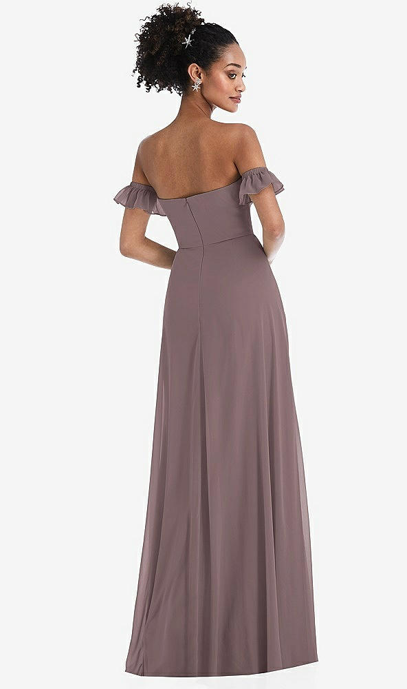 Back View - French Truffle Off-the-Shoulder Ruffle Cuff Sleeve Chiffon Maxi Dress