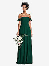 Alt View 1 Thumbnail - Hunter Green Off-the-Shoulder Ruffle Cuff Sleeve Chiffon Maxi Dress