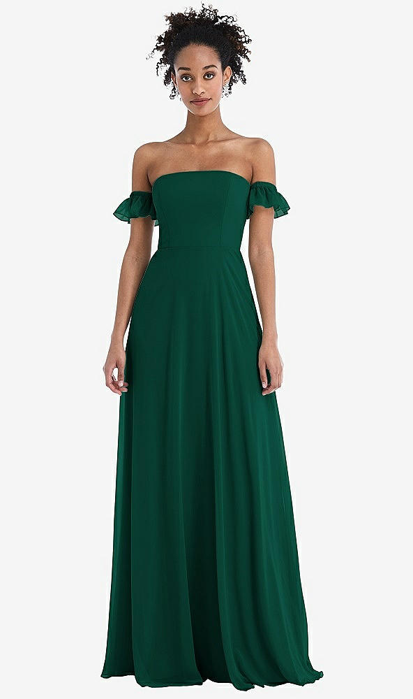 Front View - Hunter Green Off-the-Shoulder Ruffle Cuff Sleeve Chiffon Maxi Dress