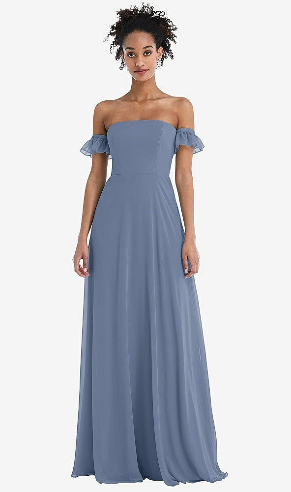 Front View - Larkspur Blue Off-the-Shoulder Ruffle Cuff Sleeve Chiffon Maxi Dress