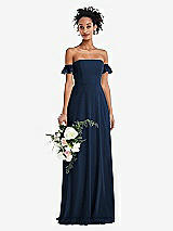 Alt View 1 Thumbnail - Midnight Navy Off-the-Shoulder Ruffle Cuff Sleeve Chiffon Maxi Dress