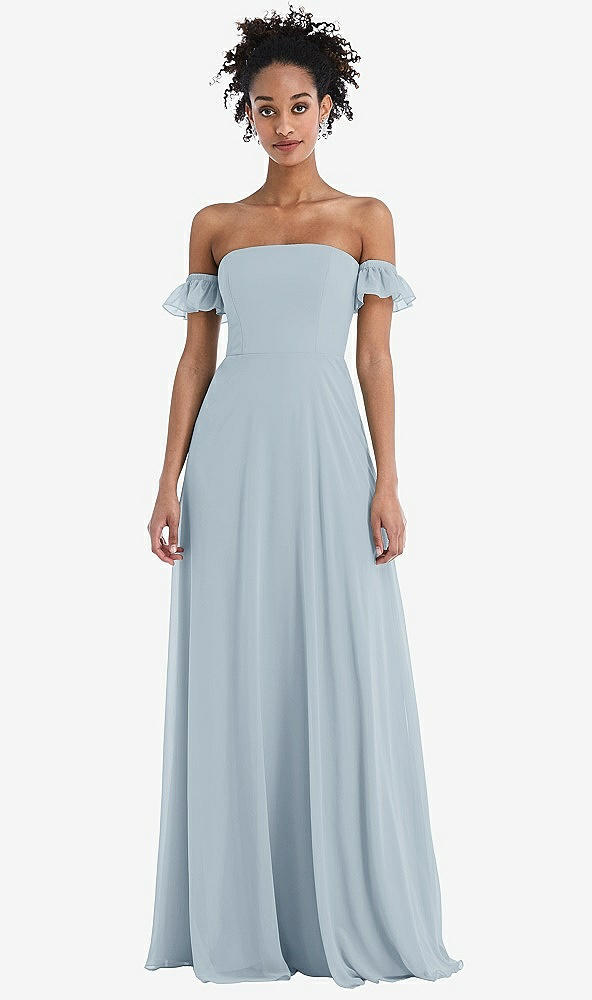 Front View - Mist Off-the-Shoulder Ruffle Cuff Sleeve Chiffon Maxi Dress