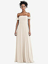 Front View Thumbnail - Oat Off-the-Shoulder Ruffle Cuff Sleeve Chiffon Maxi Dress