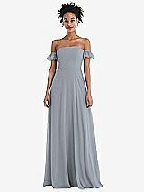 Front View Thumbnail - Platinum Off-the-Shoulder Ruffle Cuff Sleeve Chiffon Maxi Dress