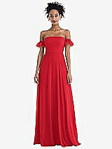 Front View Thumbnail - Parisian Red Off-the-Shoulder Ruffle Cuff Sleeve Chiffon Maxi Dress