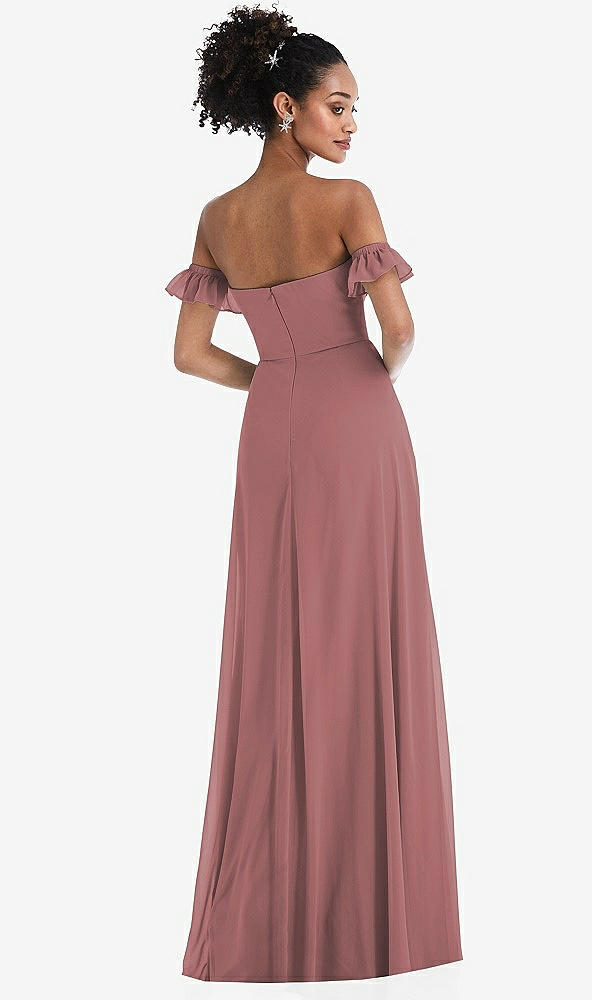 Back View - Rosewood Off-the-Shoulder Ruffle Cuff Sleeve Chiffon Maxi Dress