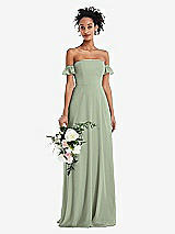 Alt View 1 Thumbnail - Sage Off-the-Shoulder Ruffle Cuff Sleeve Chiffon Maxi Dress