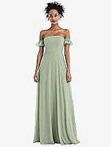 Front View Thumbnail - Sage Off-the-Shoulder Ruffle Cuff Sleeve Chiffon Maxi Dress