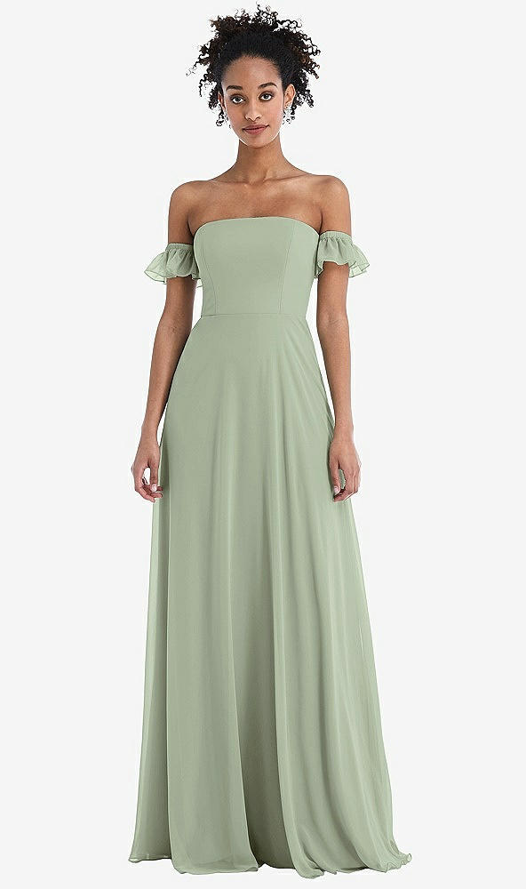 Front View - Sage Off-the-Shoulder Ruffle Cuff Sleeve Chiffon Maxi Dress