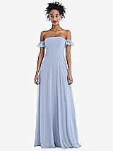 Front View Thumbnail - Sky Blue Off-the-Shoulder Ruffle Cuff Sleeve Chiffon Maxi Dress